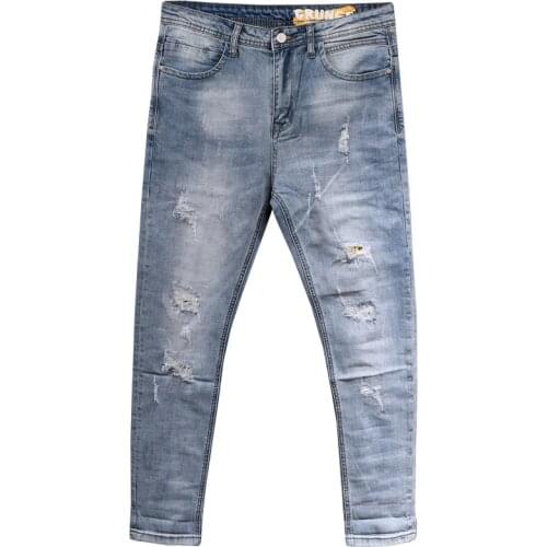 Men Jeans Light Blue Fashion Streetwear Slim Fit Elastic Ripped Jeans Men Denim Pencil Pants Destroyed Hip Hop Jeans Homme