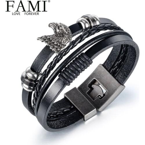 FAMI MAN BRACELET fashion personality Eagle leather bracelet bracelet mens Eagle Head woven multi-layer alloy Leather Bracelet