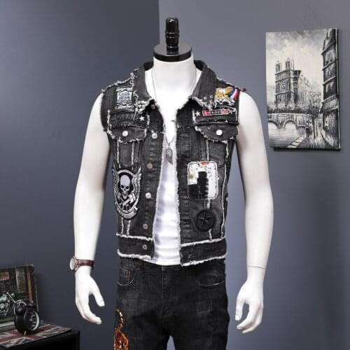 Mens Sleeveless Waistcoat Denim Vest Skull Pattern Embroidery Punk Outwear Black J56