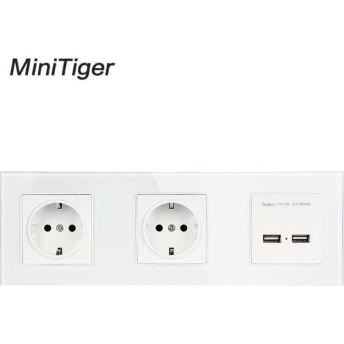 Minitiger Wall Crystal Glass Panel Double Socket 16A EU Electrical Outlet Dual USB Smart Charging Port 5V 2A Output White Color