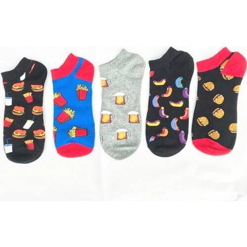 PEONFLY Funny Hamburger Beer Printed Socks Men Cotton Socks Invisible Slippers Male Shallow Mouth Ankle Sock Casual High Quality