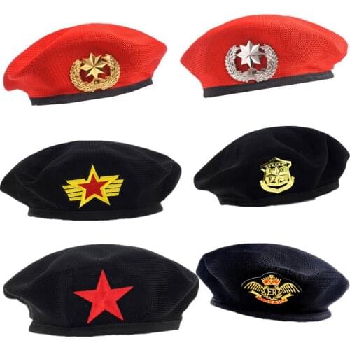 HanXi New Sailor Berets Hat Hot Breathable Metal Badge Star Mesh Dance Military Cap Performance Walking Travelling Navy Beanie