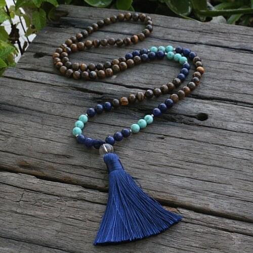 8mm Tigers Eye And Dyed Lapis Mala Beads Necklace, Bring Optimism JaPaMala, 108 Bead Mala, Mala Jewelry, Mala Prayer Beads