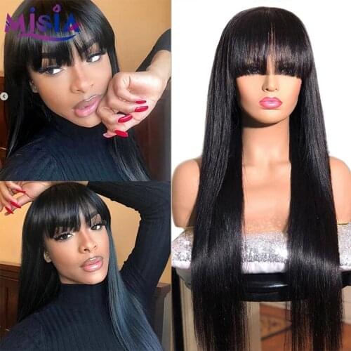 MISIA Full Machine Made Wig Long Straight Remy Human Hair Wigs with bangs 150% Natural Color Wig For Black Women Brazilian Hair