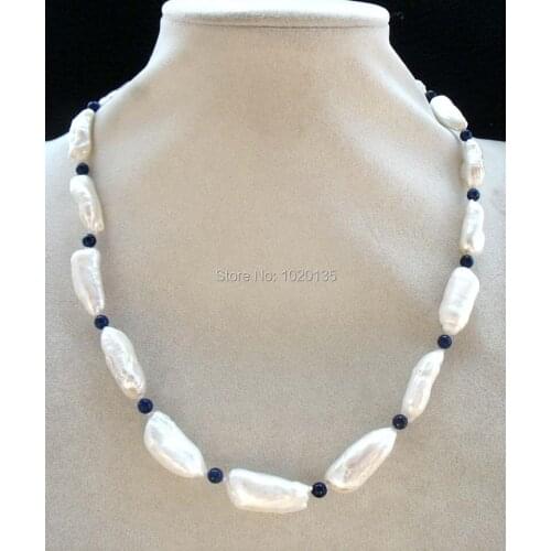 Freshwater pearl white biwa reborn keshi necklace and lapis lazuli round 19 inch FPPJ wholesale beads