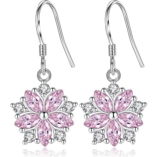 S925 Silver Earring Pink CZ Peony Flower Drop Earring For Women Wedding Gift Lady Girl Fashion Jewelry