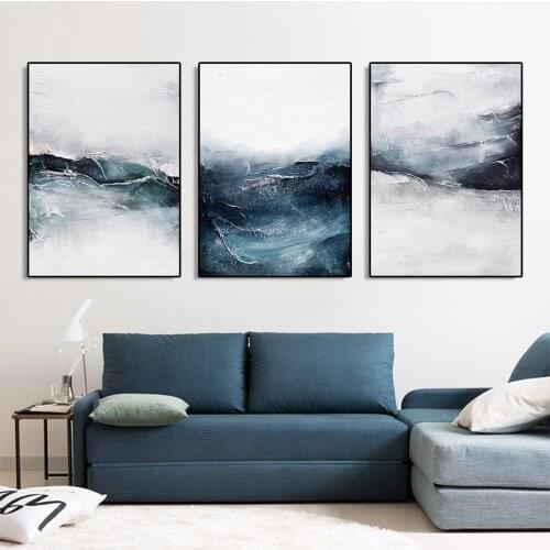 Modern Abstract Blue Sea Wave Artwork Posters Canvas Painting Wall Art Prints Pictures for Living Room Home Interior Decoration