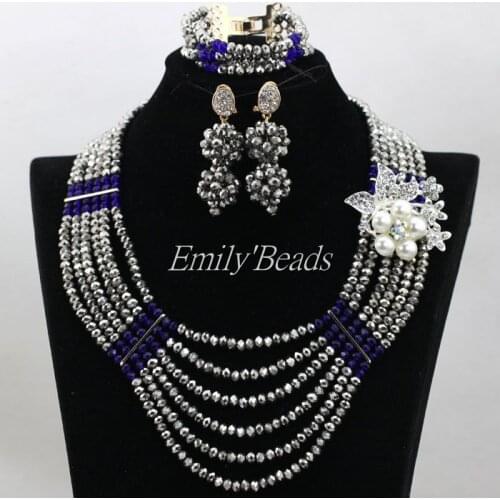 Stylish Gray/Royal Blue Indian Costume Bridal Necklace Set Nigerian Wedding African Beads Jewelry Set Free Shipping ALJ270