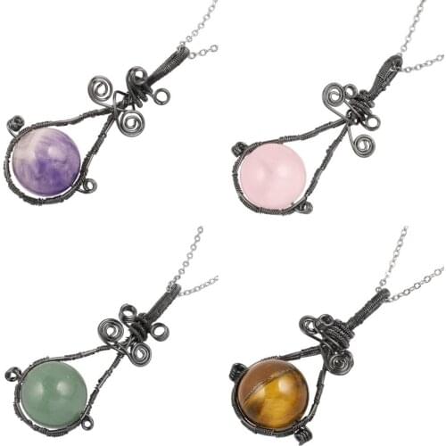 SUNYIK Handmade Copper Wire Wrapped Healing Crystal Ball Beads Pendant,Reiki Symbol Chakra Crystal with Gift Box