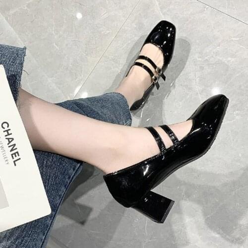 Spring Autumn Woman Double Buckle Mary Janes Shoes Patent Leather Dress Shoes High Heels Pumps Retro Ladies Shoe Black Red 8962L