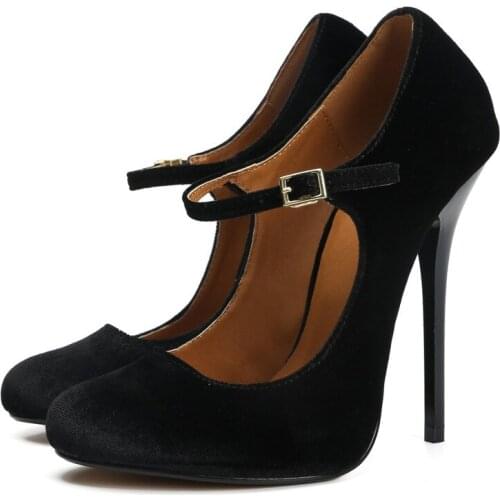 Women 13CM Thin High Heels Female Shoes Classics Basic Women Pumps Flock Buckle Strap Round Toe fashion Dress Party shoes women