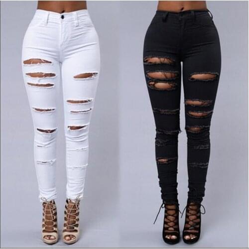 Skinny Jeans Women Denim Knee Holes Ripped Pencil Pants High Waist Trousers Female Black White Stretch Cloth-Fitting Jens Mujer