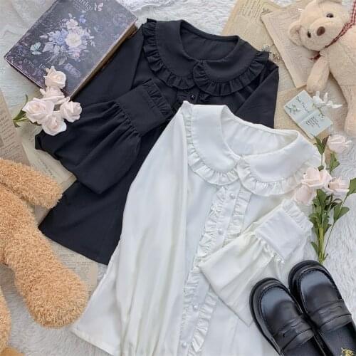 Original Design Womens Lolita Blouse Cute Girls Long Sleeve Shirt Peter-Pan Collar Ruffle Trims Color White & Black