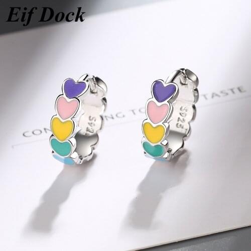 Eif Dock Silver Color Rainbow Color Enamel Heart Hoop Earrings for Women 2021 New Ear Hoops Female Jewelry Gift