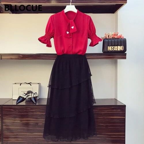 BLLOCUE 2020 Summer Suit Set Women Red Short Sleeve Heart Pattern Shirt Top + Black Mesh Cake Skirt Set Runway Two-piece Set