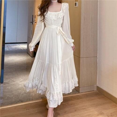 Boho Long Maxi Dress Women Slim Elegant High Waist Bow Ribbon Belt Lace Square Collar Vintage Korean Sexy Party Beach Dress A712