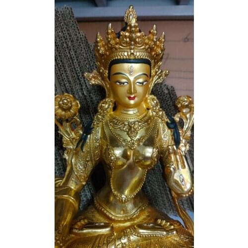 12" Genuine Handmade Tibetan Old Gilt Bronze Statue Tara Bodhisattva Buddha