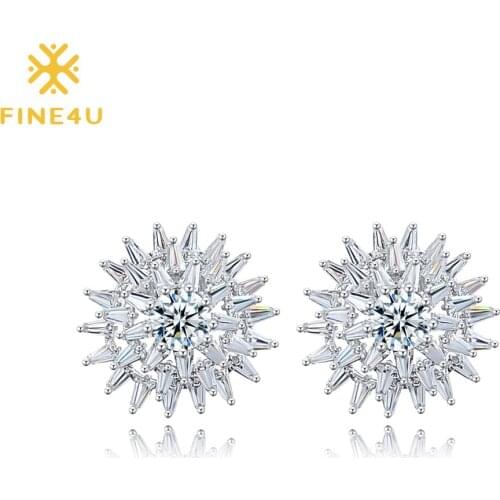 2018 New Fashion FINE4U E030 Flower Stud Earrings Paved With Cubic Zirconia Earring For Women Wedding Party Jewelry