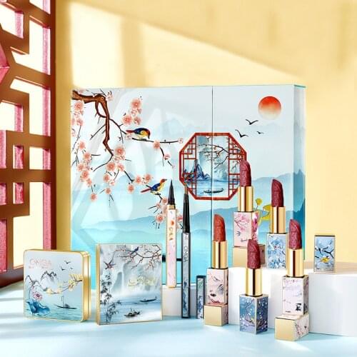 2021 Chinese Style Makeup Set Carved Lipstick Air Cushion Powder Pearly Eye Shadow Palette Eyeliner With Lighting Music Gift