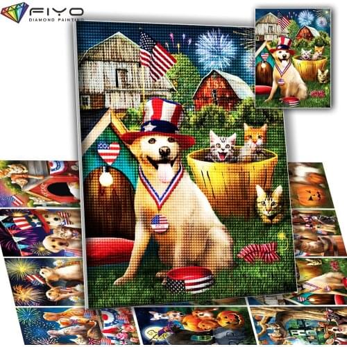5D DIY Diamond Painting Cat Cross Stitch Full Square Diamond Embroidery Dog US Flag Animals Picture Rhinestones Halloween Gift