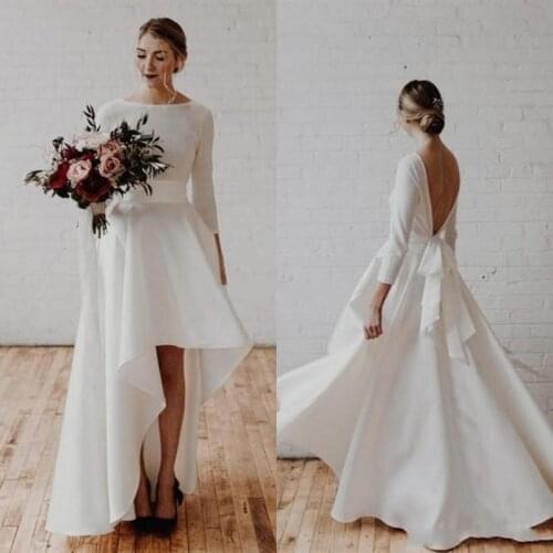 2020 Asymmetrical Wedding Dresses Backless Long Sleeve Sash Draped High Low Garden Country Beach Bridal Gowns robe de mariee