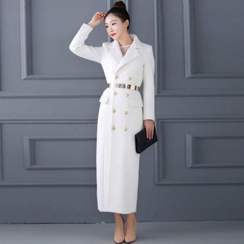 White Double Row Button Tweed Coat Womens Super Long Slim 2021 Winter Korean Woolen Coat