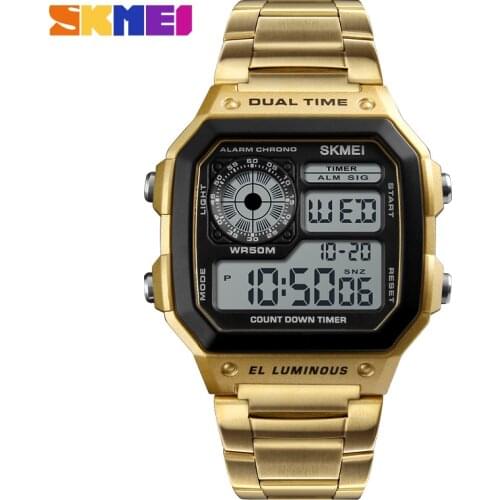 SKMEI Luxury Brand Gold Mens Watches Stainless Steel Fashion Casual Waterproof Digital Men Watch Sports Clock Man Relogio