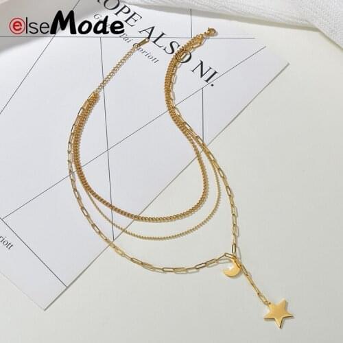 ELSEMADE Romantic 3 Layers Star Moon Charms Women Necklace Stainless Steel Fashion Jewelry