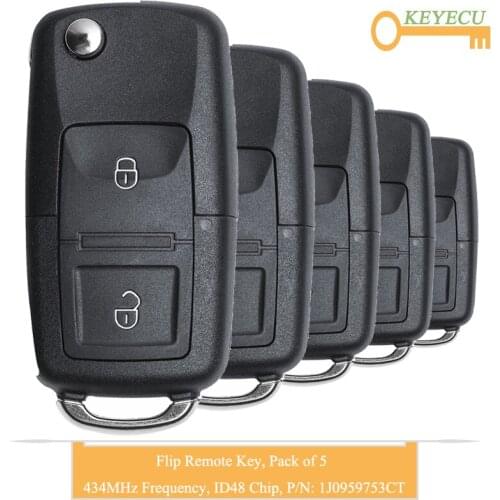 KEYECU 5PCS Flip Remote Control Car Key for Volkswagen Bora Polo Golf Passat Transporter T5, 2B - 434MHz - 48 Chip - 1J0959753CT