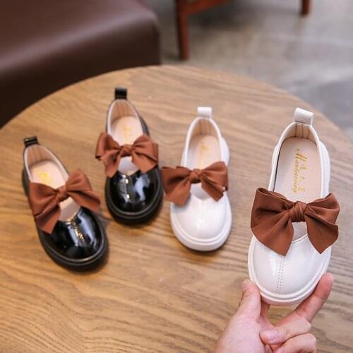 Children Leather Shoes 2021 Autumn Big Bowknot Soft Sole Girl White Single Shoe Casual Kids Princess Shoes Flat Student Sneakers