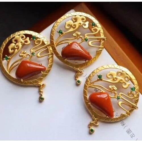 Natural Hotian Jade Pendant South Red Auspicious Cloud Pendant Female S925 Sterling Silver Vintage Necklace Female Ethnic