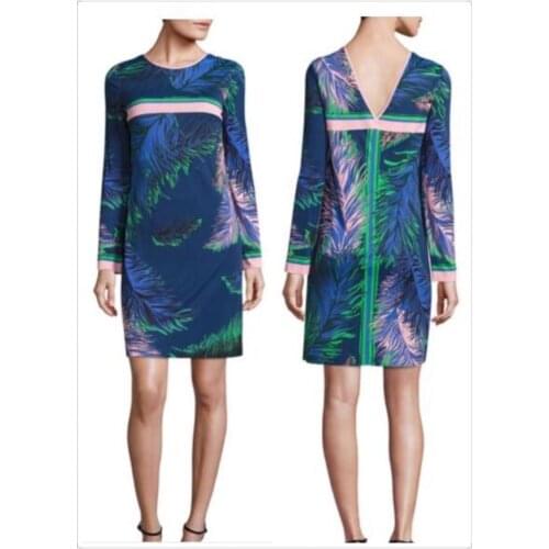 New womens clothing in the spring and autumn O-neck long-sleeve beautiful printed show thin slim elastic knitted dress