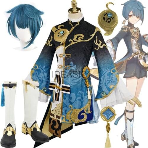 Game Genshin Impact XingQiu Xing Qiu Original Ver. Battle Uniform Gorgeous Halloween Xingqiu Cosplay Wigs shoes boots