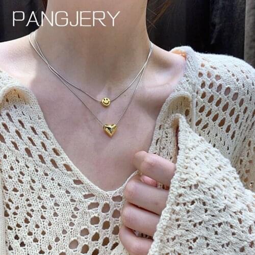 PANGJERY 925 Sterling Silver Necklaces for Women INS Fashion Simple Temperament Smiley Face LOVE Heart Party Fine Jewelry Gifts