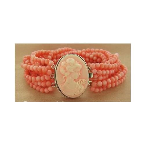 Stunning AAA 10 Row 100% Natural Pink Coral Beads 8'' Bracelet Cameo Clasp Wholesale New Free Shipping