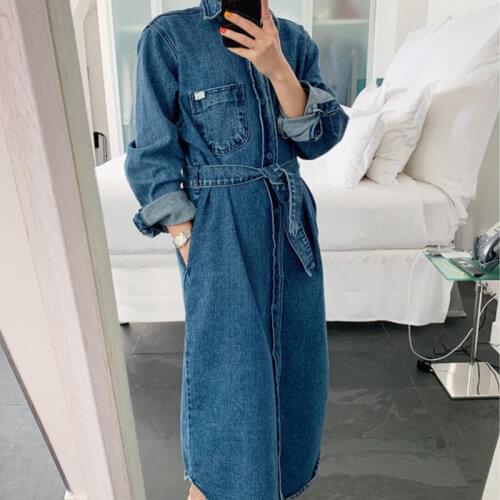 Autumn Korean Windbreaker Chic Retro Wild Lapel Single-breasted Loose Belt Casual Long Denim Trench Coat Women Spring Dress K518