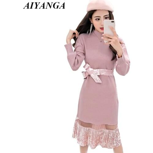 Knitted Long Dress Women 2018 Autumn Winter Sweaters Dresses For Women Knitting Dress With Sashes Patchwork Mesh Casual Chic