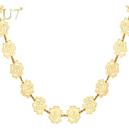 U7 Vintage Rose Necklace For Women Cute Jewelry Gift Gold Color Trendy Link Chain Collana Donna Wholesale N482