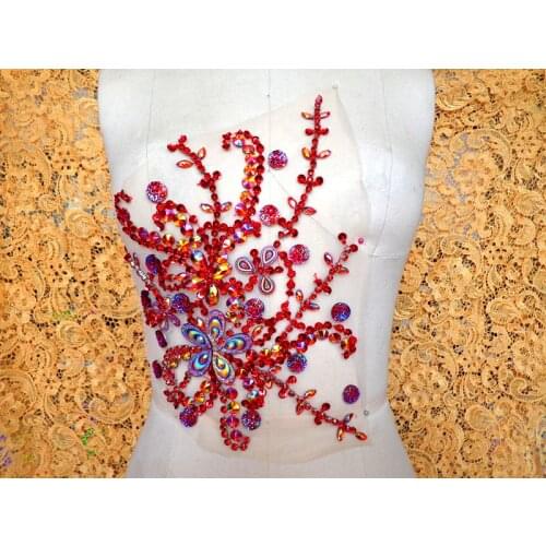 Zbroh Handmade red ew on Rhinestones applique crystal patches with stones sequins beads 28*22cm