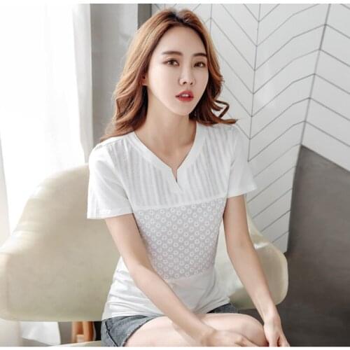 Summer Cotton Basic V-Neck T-Shirt Women Lace Embroidery T Shirt 2021 Short Sleeve Tops Korean Woman Clothes Tshirt Femme