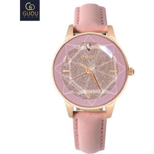 2019 GUOU Luxury Diamond Women Quartz Watch Gold Slim Leather Star Dial Waterproof Ladies Watch Female Clock Girl