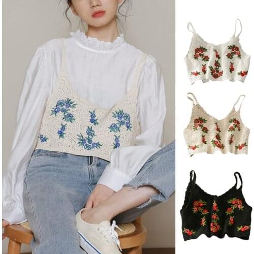 Women Vintage Crochet Knitted Camisole Floral Embroidery Sleeveless Crop Top Bralette Bohemian Beach Bikini Bustier Vest