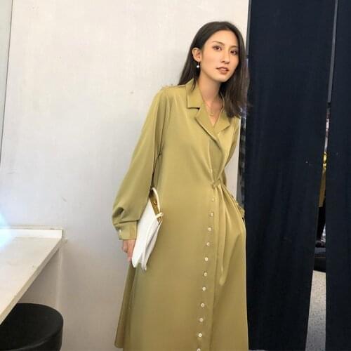 2020 Spring High Waist Long Sleeve Vintage Shirt Dress Women Elegant V-Neck Loose Satin Midi Dress High Quality A-Line Mujer