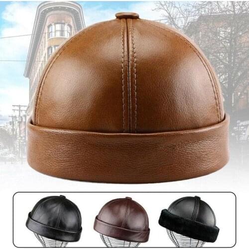 Genuine Leather Beanie Hats Landlord Hat Dad Caps Black Leather Cap Middle-aged New Winter Man Melon Men Old Hat Simp X9Y7