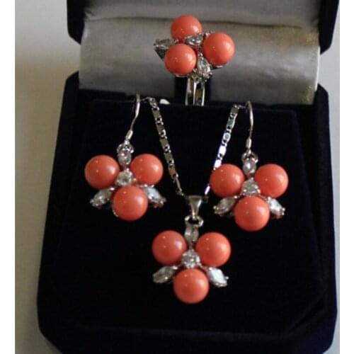 8mm South China Sea Shell coral pink pearl round pearl metal silver plated Earring Pendant Necklace Set