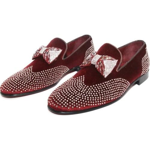 Handmade Burgundy Velvet Groom Wedding Shoes with Beaded Embroidery and Leather Soles & Insoles, Shenbins Party Shoes