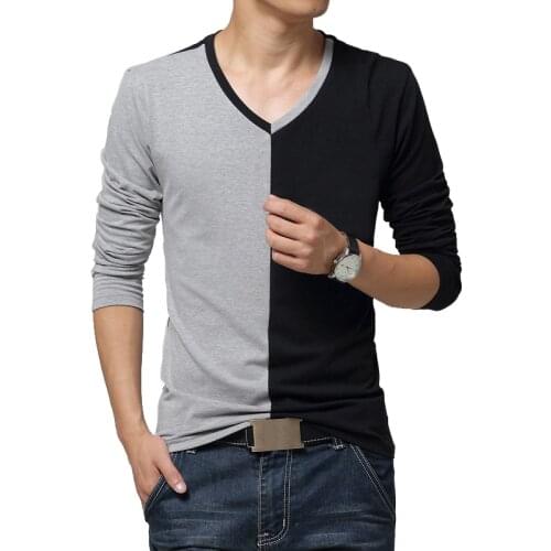 BROWON 2021 New Arrival Long Sleeve T Shirt Men V-neck Hit Color Design Cotton T Shirt for Men Plus Size M-5XL