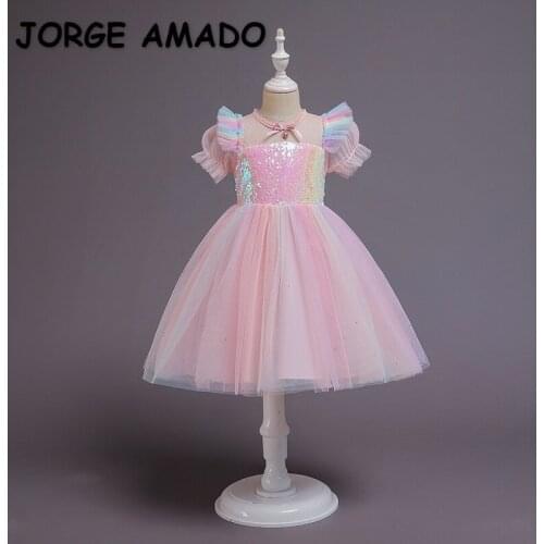 2021 Hot Sale New Summer Kids Girl Dress Sequins Rainbow Gradual Change Puff Sleeves Princess Dresses Toddler Girl Dresses E2051