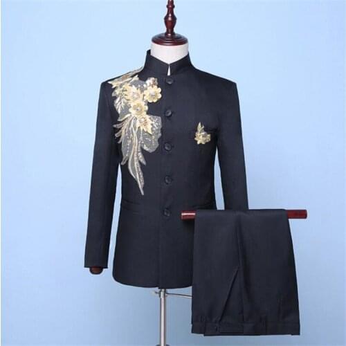 Chorus blazer men groom suit set with pants mens embroidery Chinese tunic suit costume singer stage clothing formal dress b9