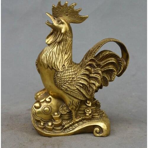 Chinese Brass Wealth Fu YuanBao Coin RuYi Year Zodiac Cock Rooster Lucky Statue